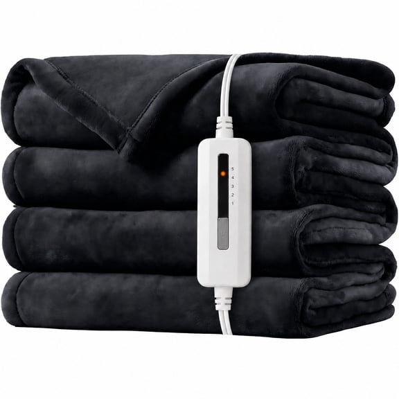 SUNNY HEAT Electric Heated Blanket Throw Flannel 50" x 60" Throw Size-4 Heating Settings & 3 Hours Auto off, Soft Machine Washable-Dark Grey