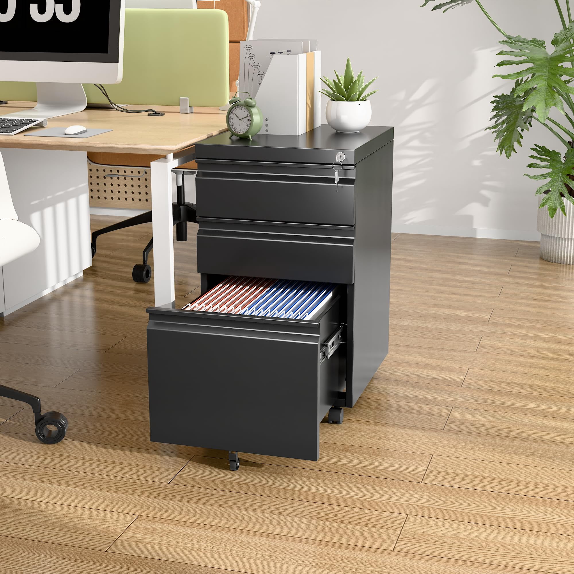Under Desk Locking File Cabinet 3 Drawers, Metal Storage Organizer for Office Home, Legal Letter Size Documents, Compact Design, Sturdy Steel Construction, Black