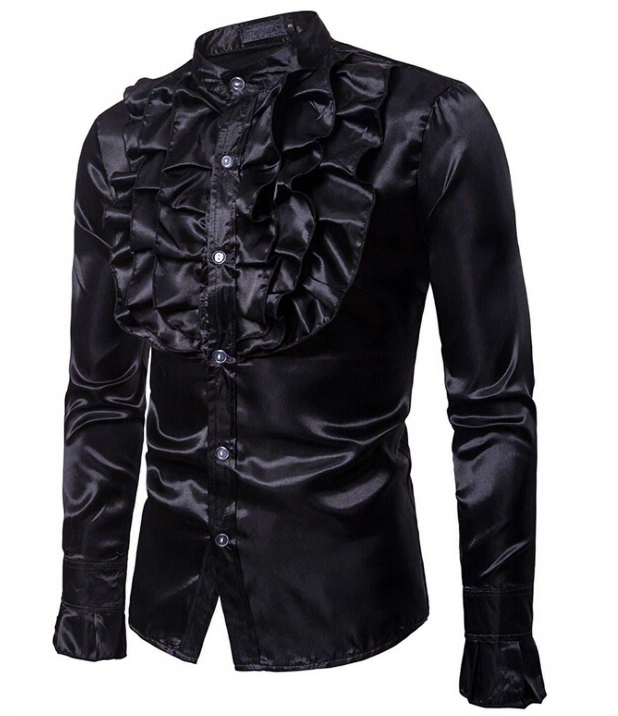 Smeiling Mens Ruffle Stand Collar Long Sleeve Solid Button Down Dress Shirts
