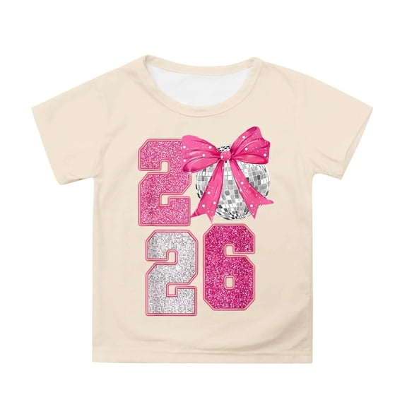 XUELUO Little Girls T-Shirts Sequin Number 2026 Crew Neck Short Sleeve Tshirts Glittery Disco Playful Party Summer Kid Cute Tops
