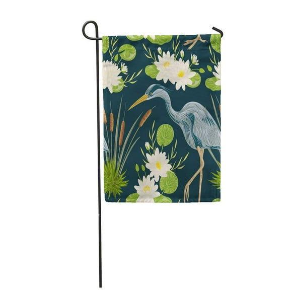 POGLIP Seamless Pattern with Heron Bird Water Lily and Bulrush Swamp Garden Flag Decorative Flag House Banner 12x18 inch