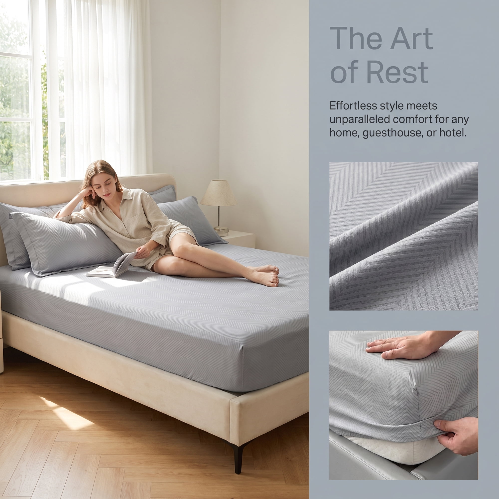 Unique Bargains Fitted Sheet Polyester Ripple Bed Sheets for Sleep Light Grey 78"x79.9"