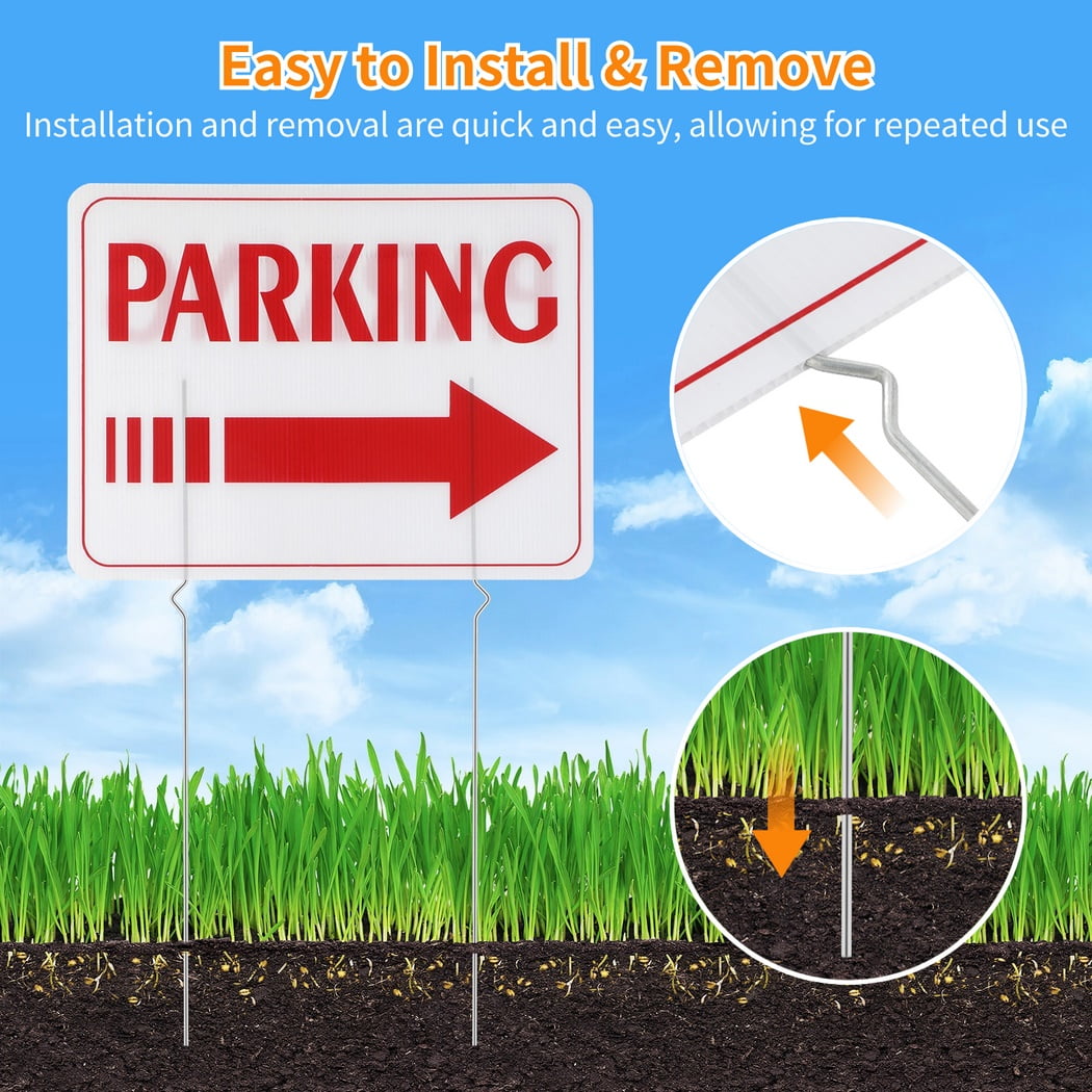 6 Pcs Outdoor Event Parking Signs, Plastic Guest Red "Parking" Sign, Weatherproof Yard Signs with Metal Stakes, Double-sided Printed Parking Sign, Directional Signage with Indicating Arrow