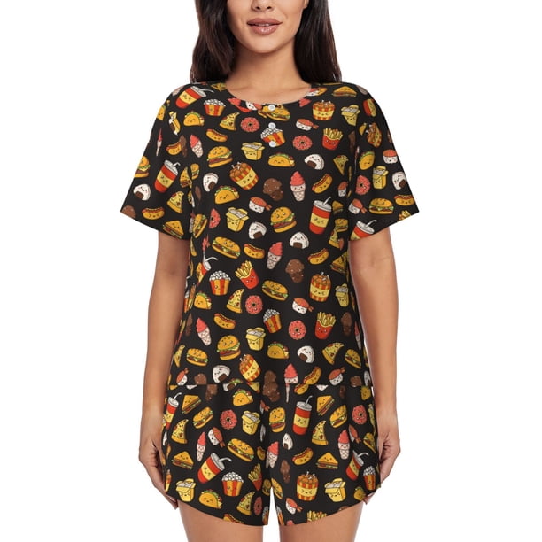Balery Burger Fries Conjunto de Pijama para Mujer con Estampado, Dos Piezas de Manga Corta y Shorts, Ropa de Dormir Suave con Cuello Redondo y Bolsillos-Medium