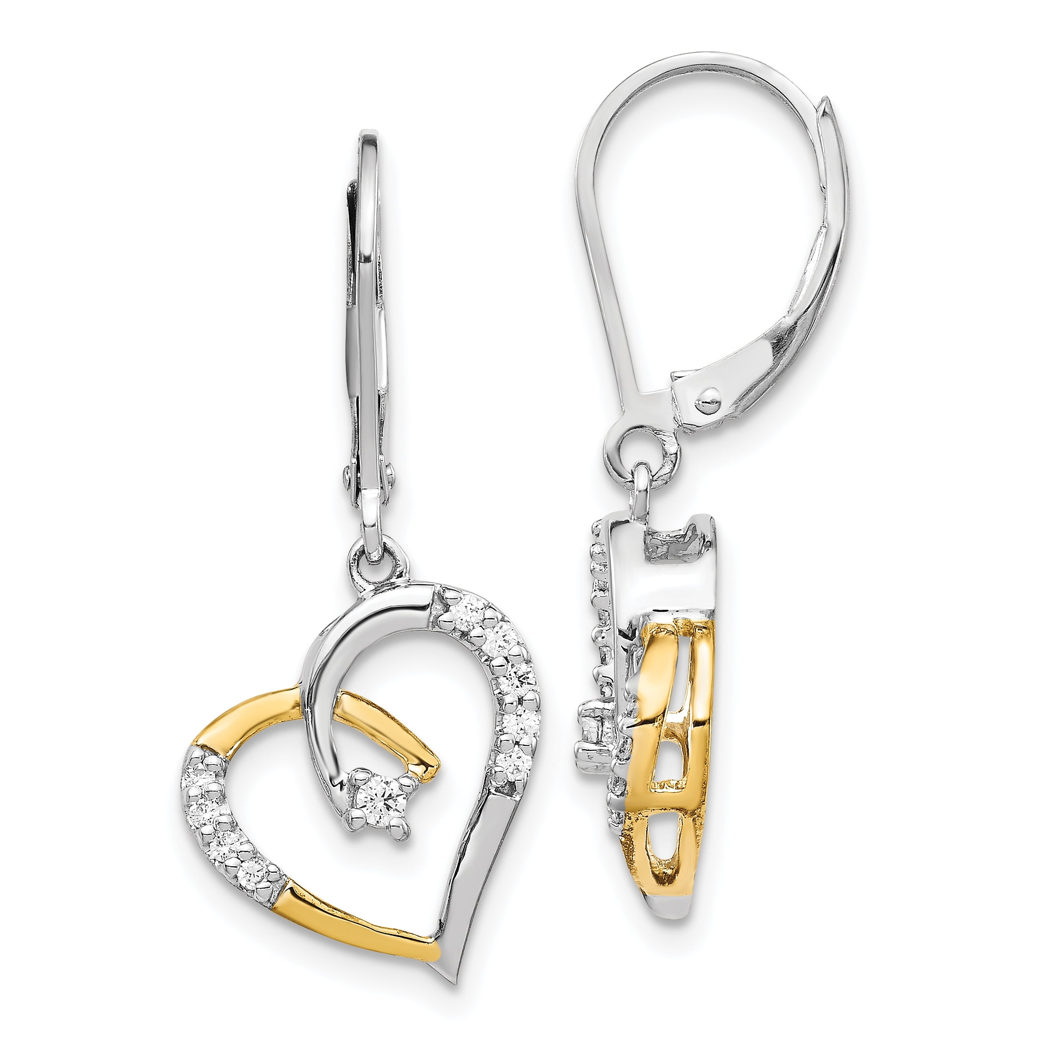 Saris and Things - 14K Two-tone Gold Yellow & White Gold Diamond Heart Leverback Earrings (0 ...