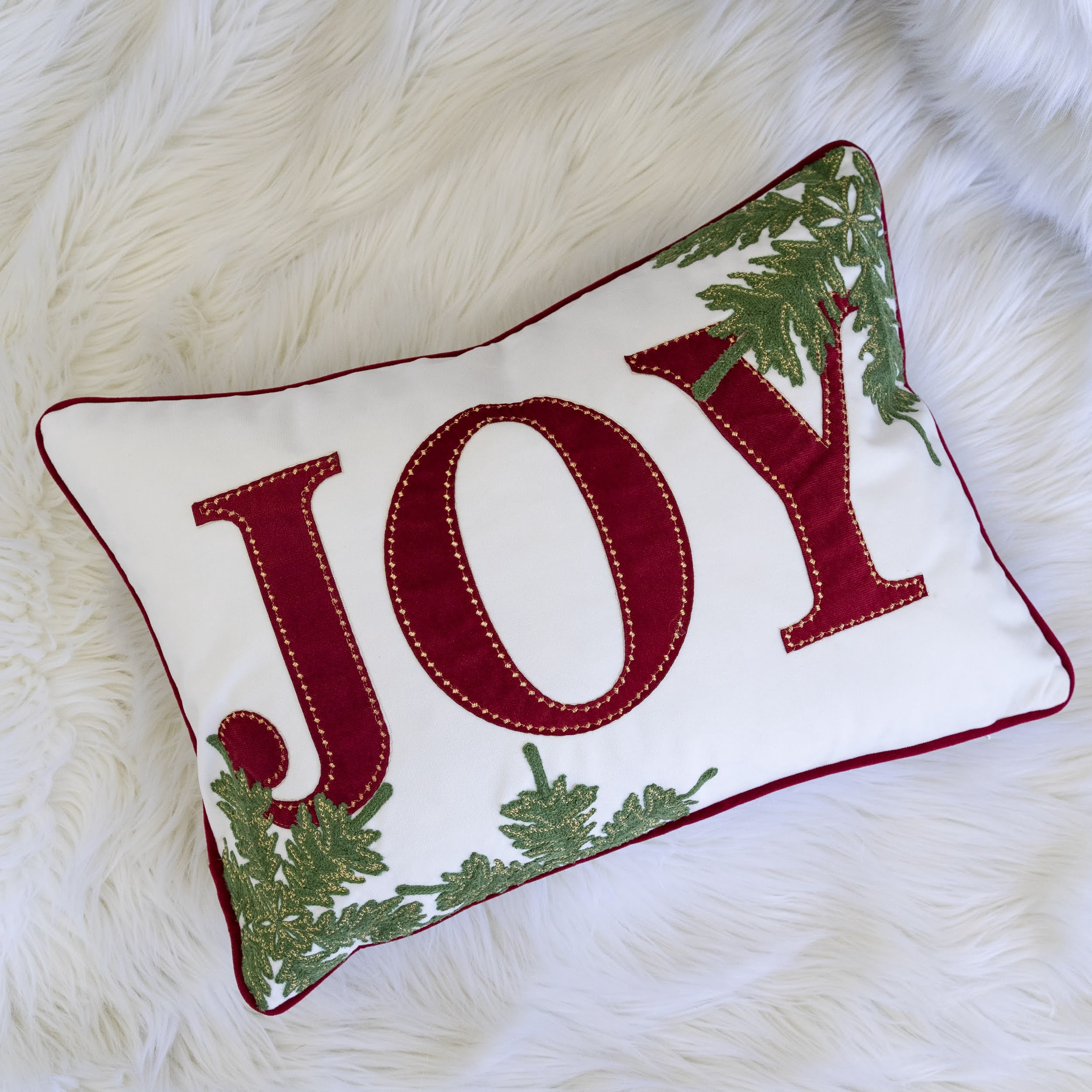 Joy Embroidered Velvet Throw Pillow with Gold Stitching Green Foliage 14x20 Inch Holiday Decor