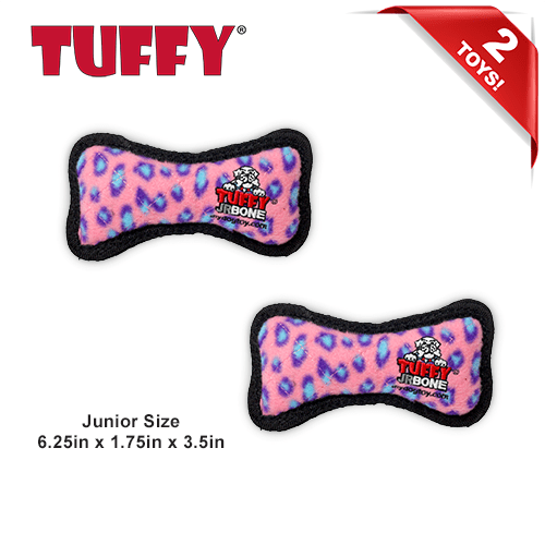 TUFFY® Jr Bone Pink Leopard, 2-Pack, Durable Plush Squeaky Dog Toys