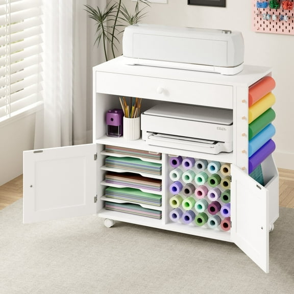 Advwin Craft Storage Cabinet for Cricut Maker & Cutting Machines, Craft Cart with Vinyl Roll Holder, Drawer, Shelves & Lockable Wheels