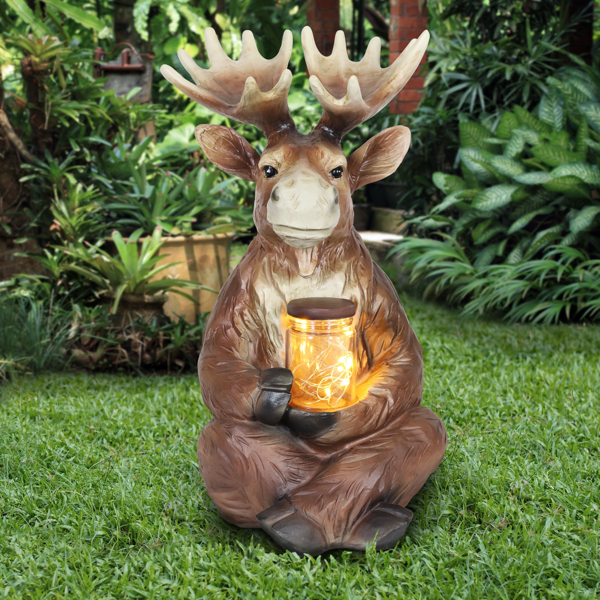 Exhart Solar Moose Garden Statue Holding a Glass Jar with Eight