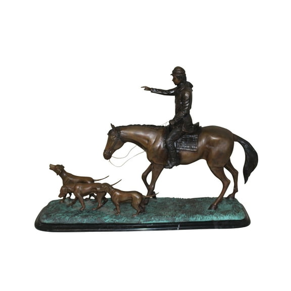 Hunter with 3 dogs Bronze Statue -  Size: 26"L x 8"W x 19"H.