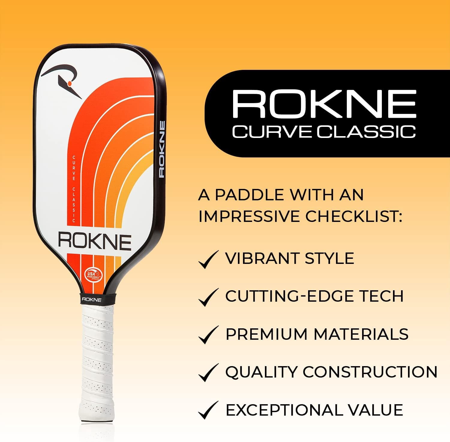 Rokne Curve Classic Fiberglass Pickleball Paddle Long Handle Racket with Pro Grit Texture, Tangerine