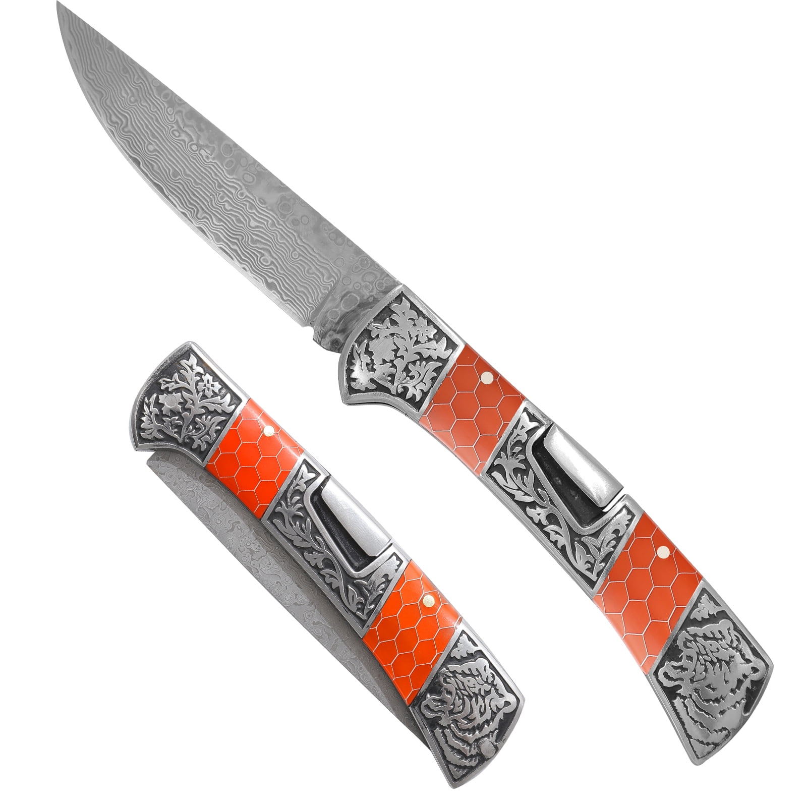 Grow In The Dark Luminous Damascus Pocket Folding Knife Resin Handle With Aluminum Mesh Honeycomb Pattern, Handmade Men Gifts 1pcs