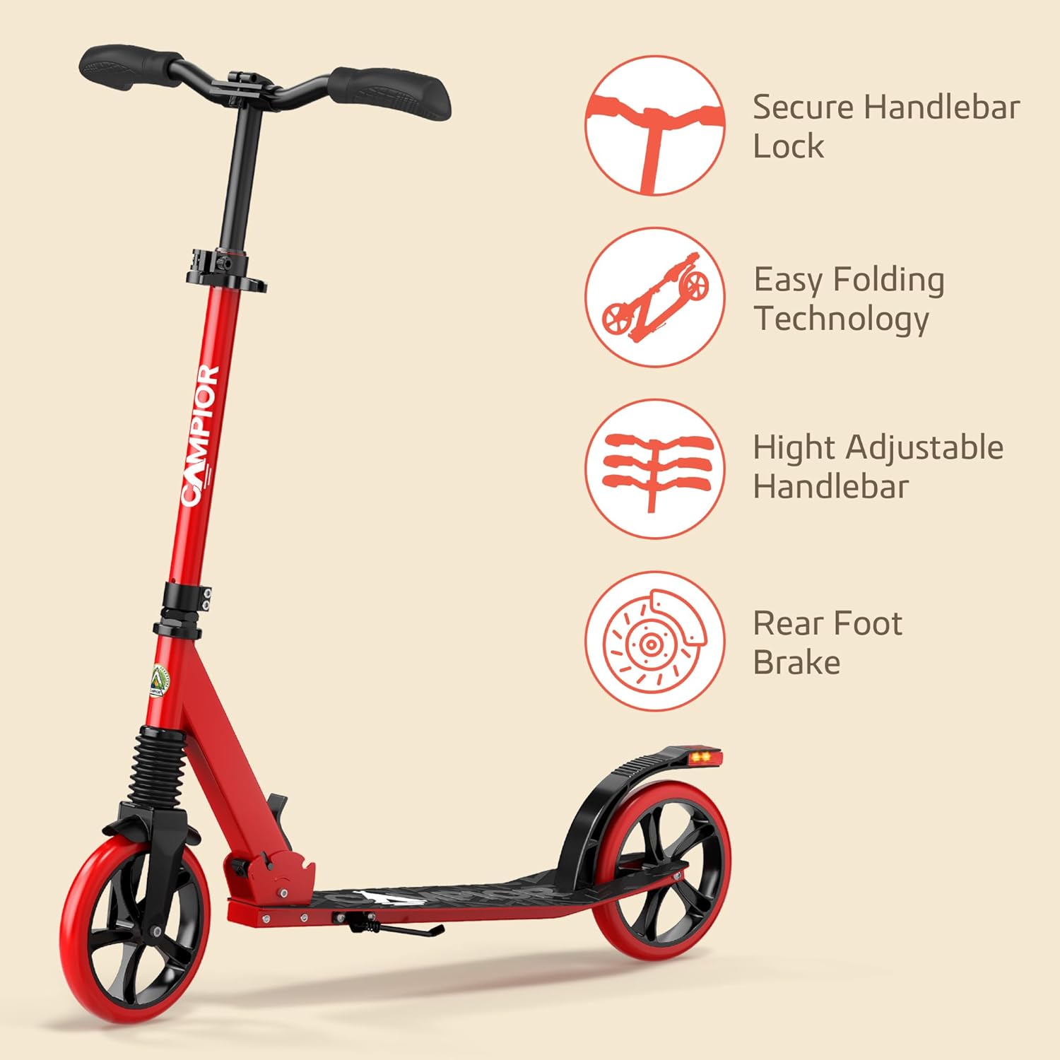 Campior Foldable Kick Scooter for Ages 6+, Kids/Teens/Adults, 240 lb Max Load, 8-inch Wheels, 3 Height Levels, Kickstand, Safety Approved, Red