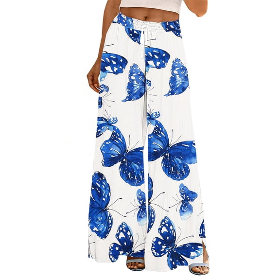 Women's Wide Leg Palazzo Pants Floral Printed Boho Casual Beach Trousers with Pockets Drawstring Sweatpants (XL, Blue 04)