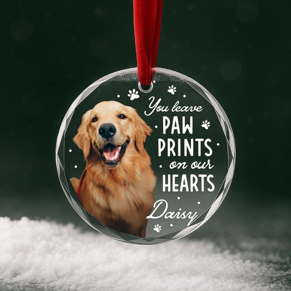 Pet Memorial Heart Photo Glass Ornament – “Paw Prints on Our Hearts” Personalized Dog/Cat Keepsake