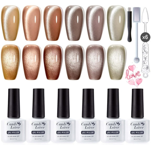 Candy Lover Cat Eye Gel Nail Polish Kit, 6 Brown Grey Orange Holographic Glitter Gel Polish with 2 Magnets, Soak Off UV LED Nail Polish, Manicure Gift Set for Women