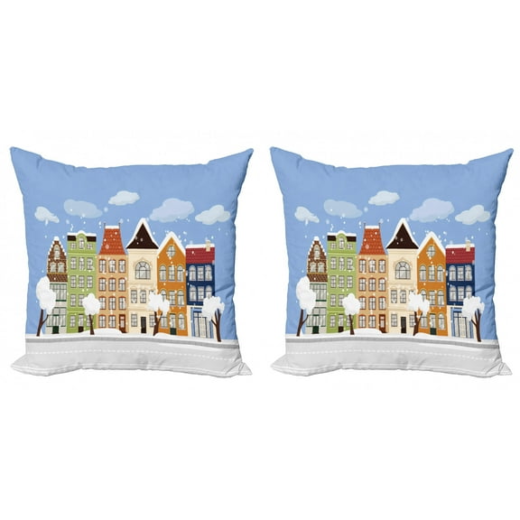 Amsterdam Throw Pillow Cushion Cover Pack of 2, Winter Time Landscape with Dutch Buildings Snowing Outdoor Scene, Zippered Double-Side Digital Print, 4 Sizes, Multicolor, by Ambesonne