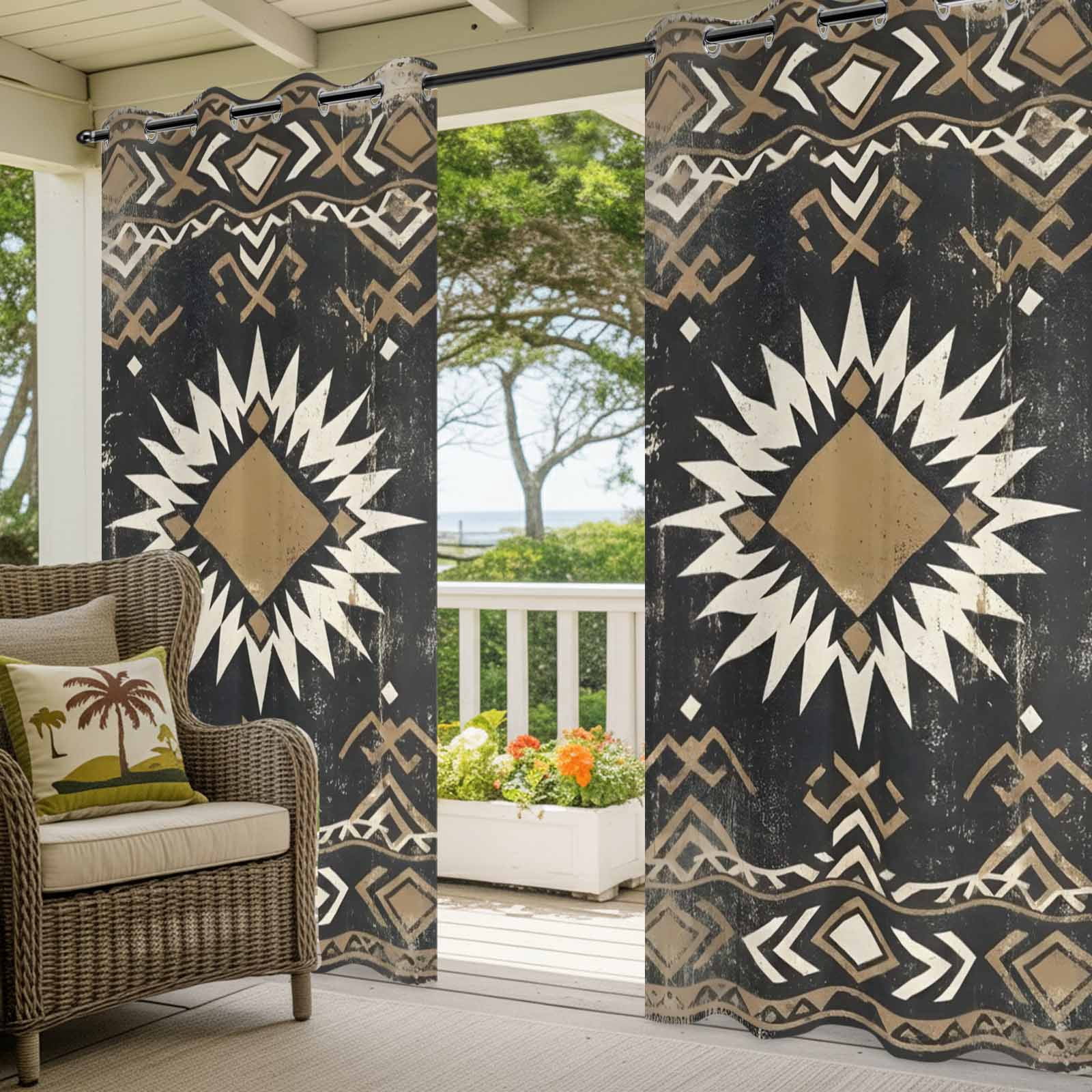 Sunburst Emblem Outdoor Curtains for Patio, Boho Black Tribal Rustic Brown Retro Geometric Sunshade Privacy Drapes Grommet Waterproof Outside Curtains for Porch/Cabana/Balcony 54"x 108", 1 Panel