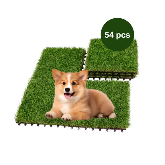 54 PCS Interlocking Artificial Grass Turf Outdoor Indoor, 12"x12" Artificial Grass Tiles with Drain Holes, Fake Grass Green Carpet Mat