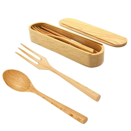 

3 Pcs Portable Beech Spoon Fork Set Wooden Western Food Serving Spoon Fork Smooth Handle Tableware Set with Cutlery Box