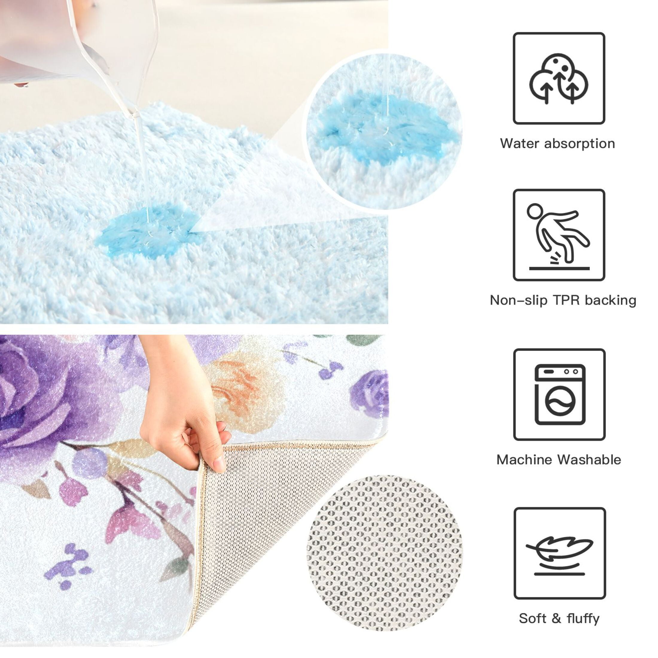 2 Piece Soft Bathroom Rug Set Purple and Pink Roses Bath Mat and U-Shaped Toilet Contour Rug (16"x24"+20"x24")