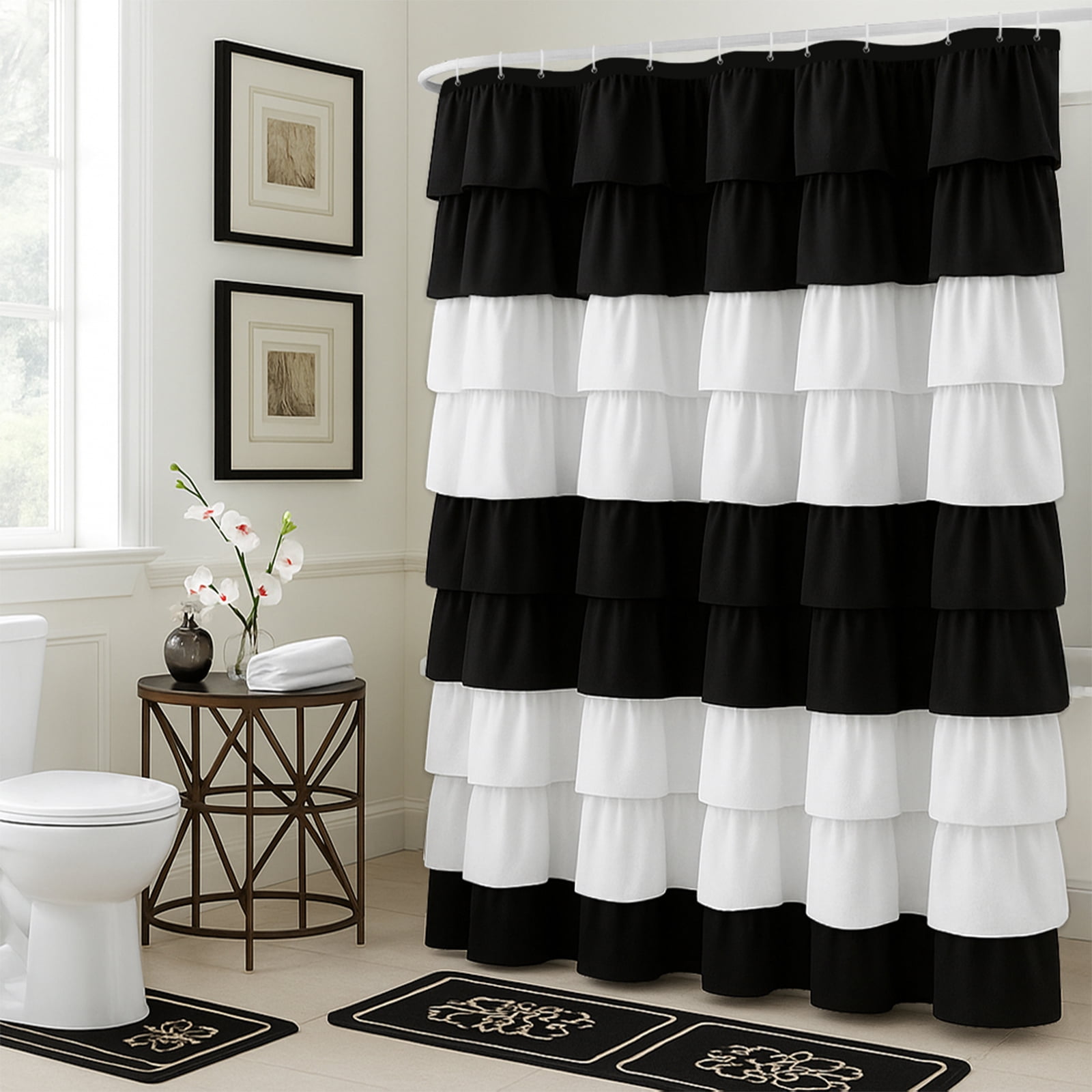 Seasonwood Black and White Ruffle Shower Curtain,Farmhouse Fabric Bathroom Curtain,72" x 72"