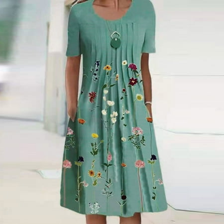 

cllios Women s Summer Casual Round Neck Short Sleeve Folding Floral Printed Dresses for Women 2022