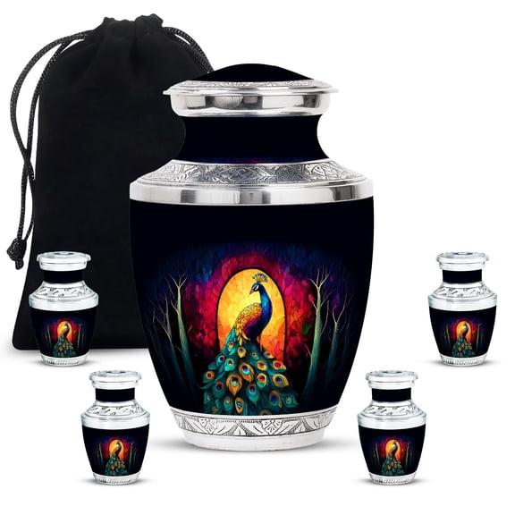 JAGASY Peacock Urns Set of 5 for Ashes Adult Male, Black Small Urns for Human Ashes keepsake, Tree Red & Yellow Decorative Urn for Parents, Large Burial Urn for Mother, (1 Large, 10"; 4 Small, 3")