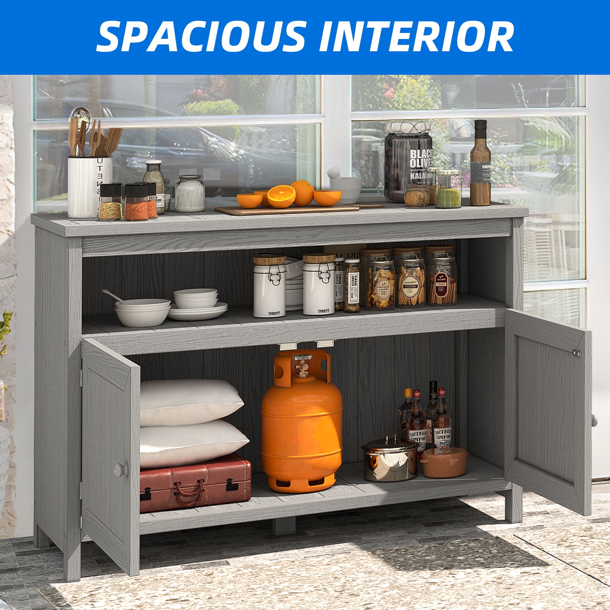 DEXTRUS Patio Outdoor Console Sideboard Buffet Cabinet,Plastic Wooden Storage Cabinet - Gray