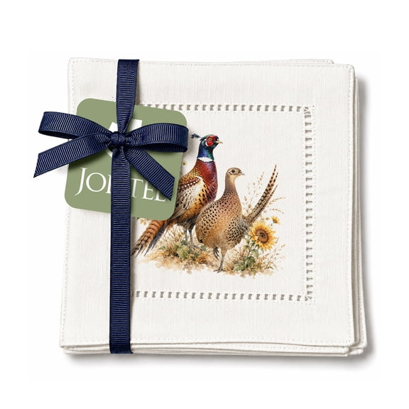 Jolitee Decorative Hemstitch Cocktail Napkins, 6"x6" Washable Linen-Like Cloth Napkins, Handmade for Entertaining and Everyday Use (Harvest Table Pheasants)