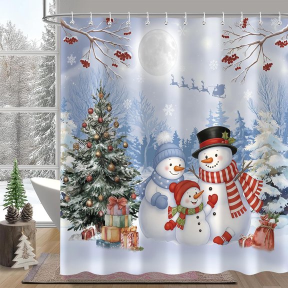 Christmas Snowman Shower Curtain Winter Wonderland Family Snowmen Holiday Bath Curtain with Hooks Waterproof Fabric 71x71 inches