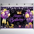 thumbnail image 2 of 180x110 cm Fondo de tela para fiesta de feliz cumpleaños, color negro, morado y dorado, 71x43 pulgadas. Fondos para fotografía de celebración de cumpleaños con purpurina, 2 of 5