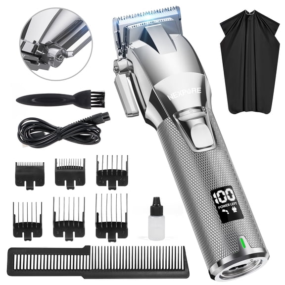 NEXPURE Professional Hair Clippers for Men, Cordless Beard Trimmer with 6800RPM Quiet High-Torque Motor, LED Display, 6 Guide Combs, All-in-One Hair Cutting Kit, Silver
