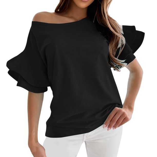 Women Blouse Daily Summer O-Neck Tank Tops Bell Short Sleeve