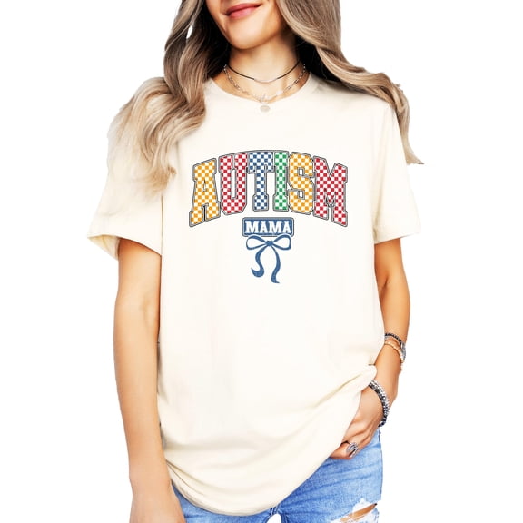 Checkered Autism Mama Shirt for Women Colorful Autistic Support Tee Natural Shirt Adult 2XL
