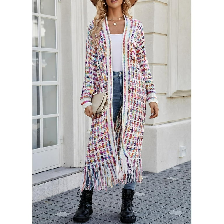 PuliPuqi Women Boho Long Cardigan Sweater Long Sleeve Open Front Fringe Tassel Hem Colorful Rainbow Knit Maxi Sweaters Coat Walmart