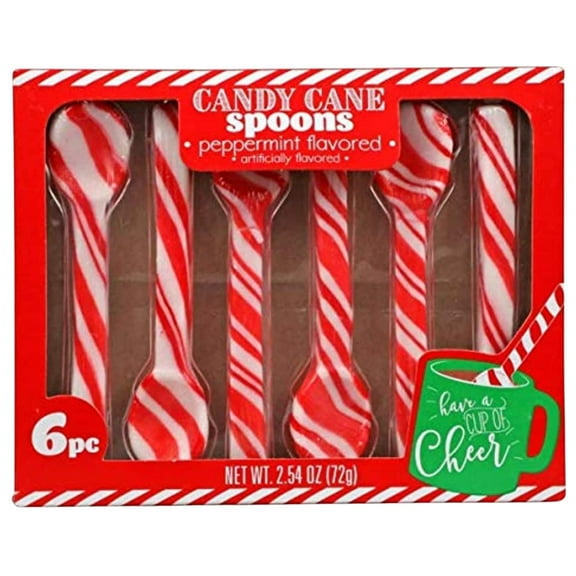 Edible Sugar Candy Cane Peppermint Flavored Spoon 6Cts for Hot Chocolate Party and Coffee Bulk Christmas Flavors Birthday Goody Filler Stocking Stuffer Fun Party Supplies 1 Box of 6 Pack Each