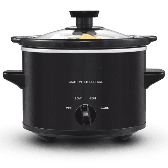 Slow Cooker, 1.5 Qt Small Electric 304 Stainless Steel Cooker with Ceramic Pot, Low High Warm 3 Heat Modes, Non-Toxic & Dishwasher Safe, Ideal for Singles, Couples and Healthy Cooking-Black