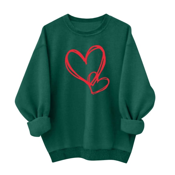 Stamzod Women's Love Heart Cute Tops Long Sleeve Crewneck Sweatshirts Casual Off Shoulder Sweatshirt Green B XL
