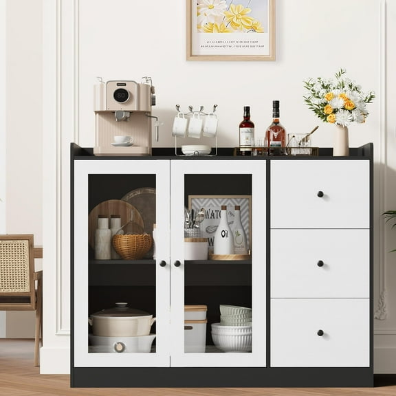 Kitchen Hutch Storage Cabinet, Coffee Bar with 3 Drawers, Freestanding Pantry with Countertop for Living Room, Dining Room, Gray