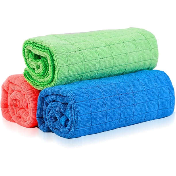 Paños de Limpieza de Microfibra, 3 Trapos, Toallas de Limpieza de 3 Colores, Paño Microfibra de Colores, Toallas Multiusos Super Absorbente (Azul, Verde y Rojo)