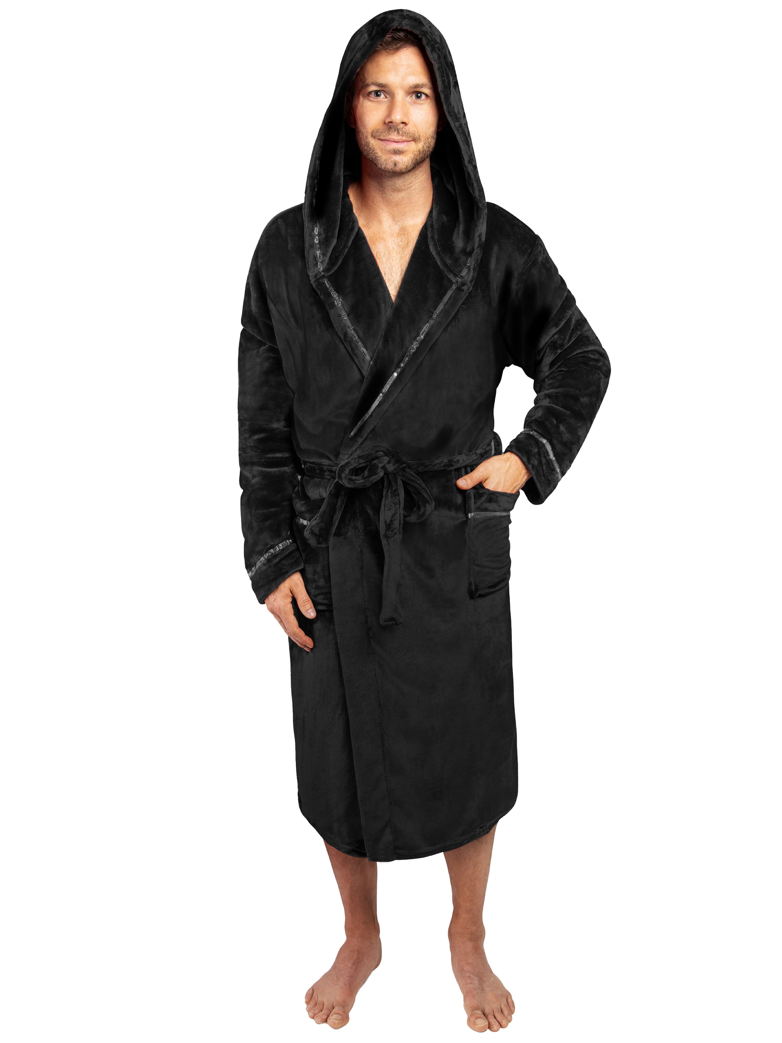 YYear Mens Soft Spa Pockets Hooded Fleece Shawl Collar Bathrobe Robe 