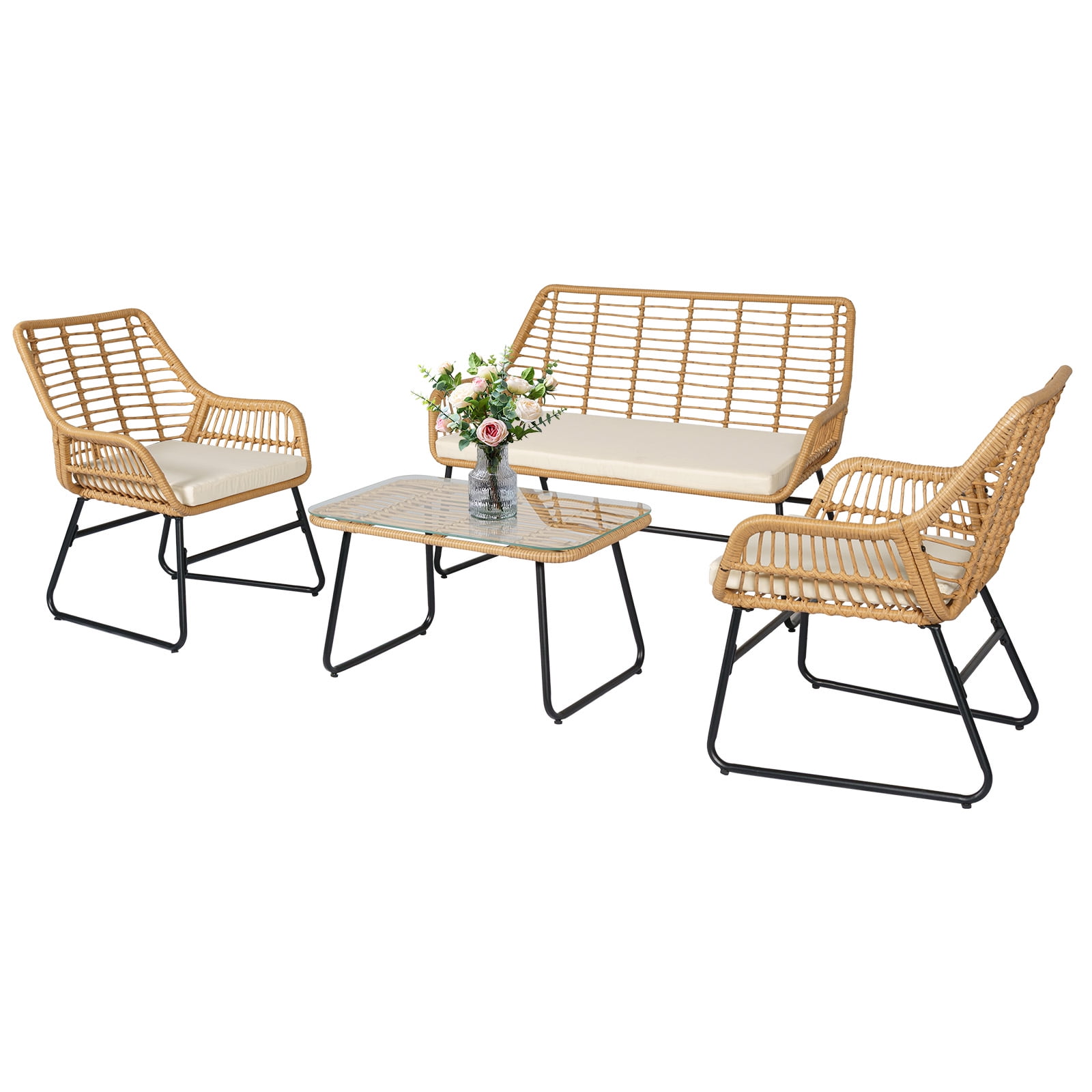 Tappio 4-Piece Rattan Patio Furniture Set, Outdoor Wicker Conversation Set with Tempered Glass Table, Beige
