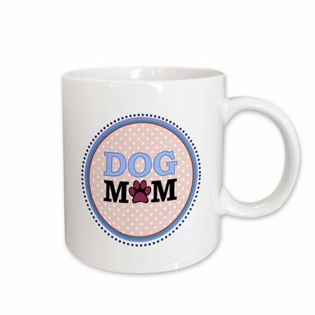 

3dRose Blue Dog Mom round design with a paw print O - circle - coral salmon pink polka dot - doggy mommy Ceramic Mug 11-ounce