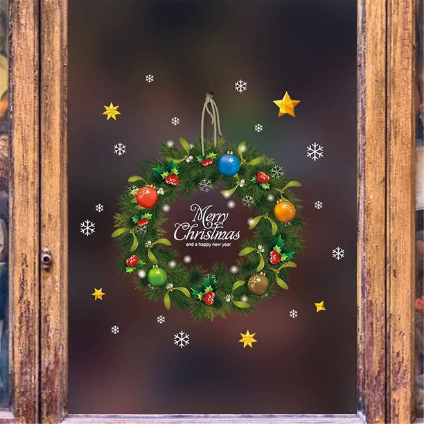Pegatinas para ventana con corona navideña, 2 hojas, guirnalda navideña verde con frutas, copos de nieve, adhesivos para ventanas, pegatinas navideñas para puerta y nevera para decoración del hog