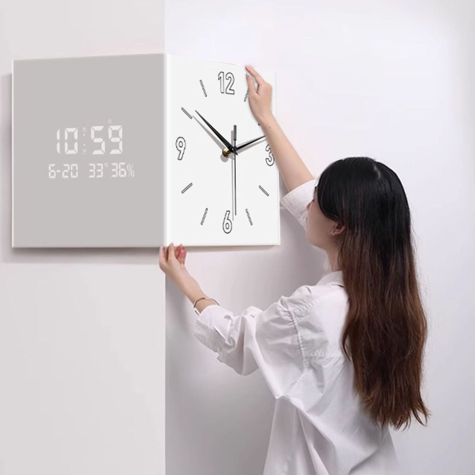 URTERYSER Double Sided Corner Wall Clock Easy To Read Square Designs Digital Display Wall Clock for Living Room and Office Decors Light Gray