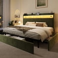 thumbnail image 2 of Amolife King Bed Frame, Ultra-Soft Velvet Upholstered Storage Bed with 2 Shelves LED Wingback Headboard, 3 Drawers & USB Ports, Green, 2 of 10
