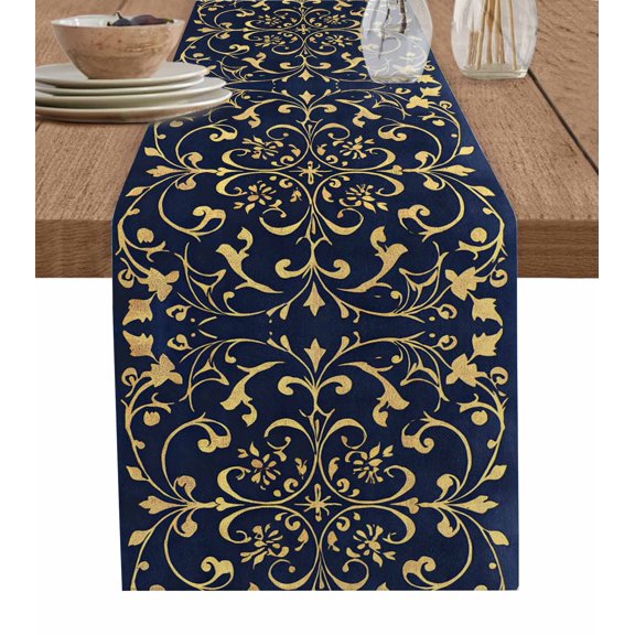 Abstract Floral Art Table Runner 48 Inches, Vintage Golden Retro Bed Runner Dresser Scarves Tabletop for Indoor Outdoor Parties/Ceremony/Banquet, 13" x 48"