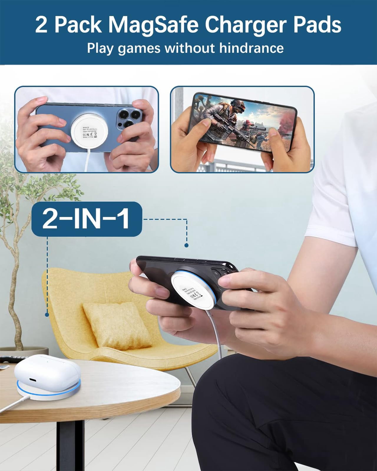 LujingZ 2 - Pack 15W Fast Magnetic Wireless Charger - for iPhone & AirPods - 5ft Dual - Port Cable