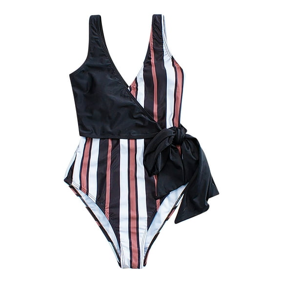 WREESH Women'S One-Piece Floral Stripes Stitching Back Cross-Tie One-Piece Beach Swimsuit